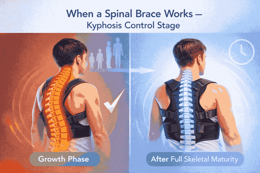 مقایسه بصری حالت ستون فقرات در سن رشد و بعد از بسته شدن اسکلت؛ نشان‌دهنده زمان‌هایی که بریس بیشترین اثر را دارد