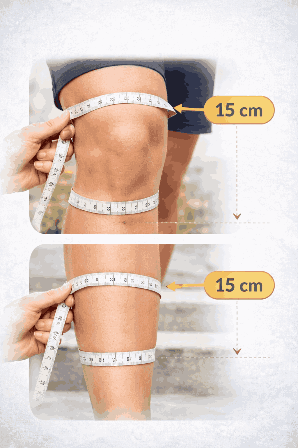 نمای راهنمای اندازهگیری دور ران و دور ساق در فاصله ۱۵ سانت بالا و پایین کشکک برای تعیین سایز بریس زانو