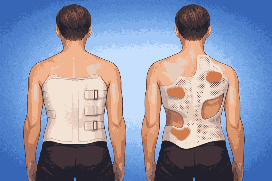 نمای مقایسه‌ای دو بریس بوستون و ریگو روی تنه برای نمایش تفاوت کنترل انحنا و چرخش