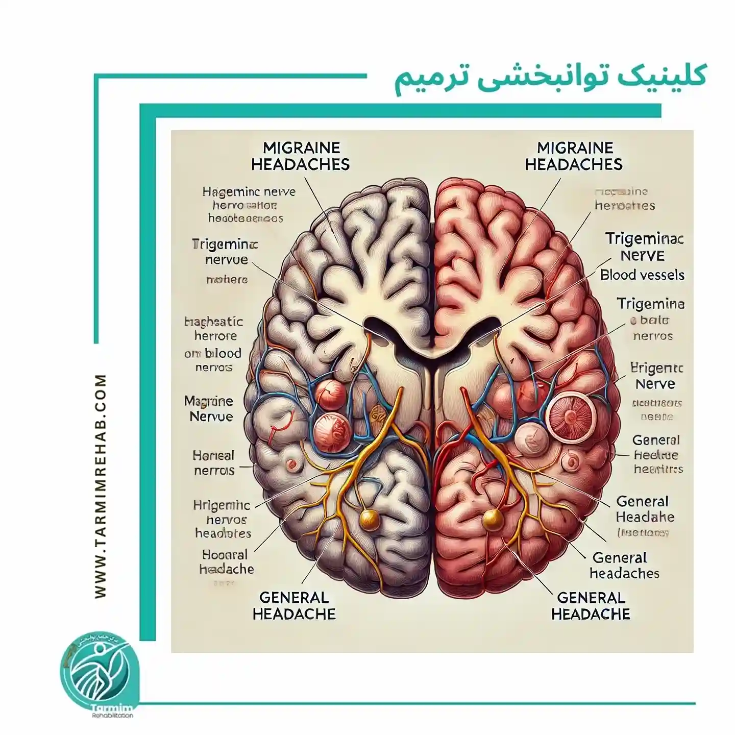  تصویر دو نیمه مغز که نقاط تحریک سردرد در آن مشخص شده است.