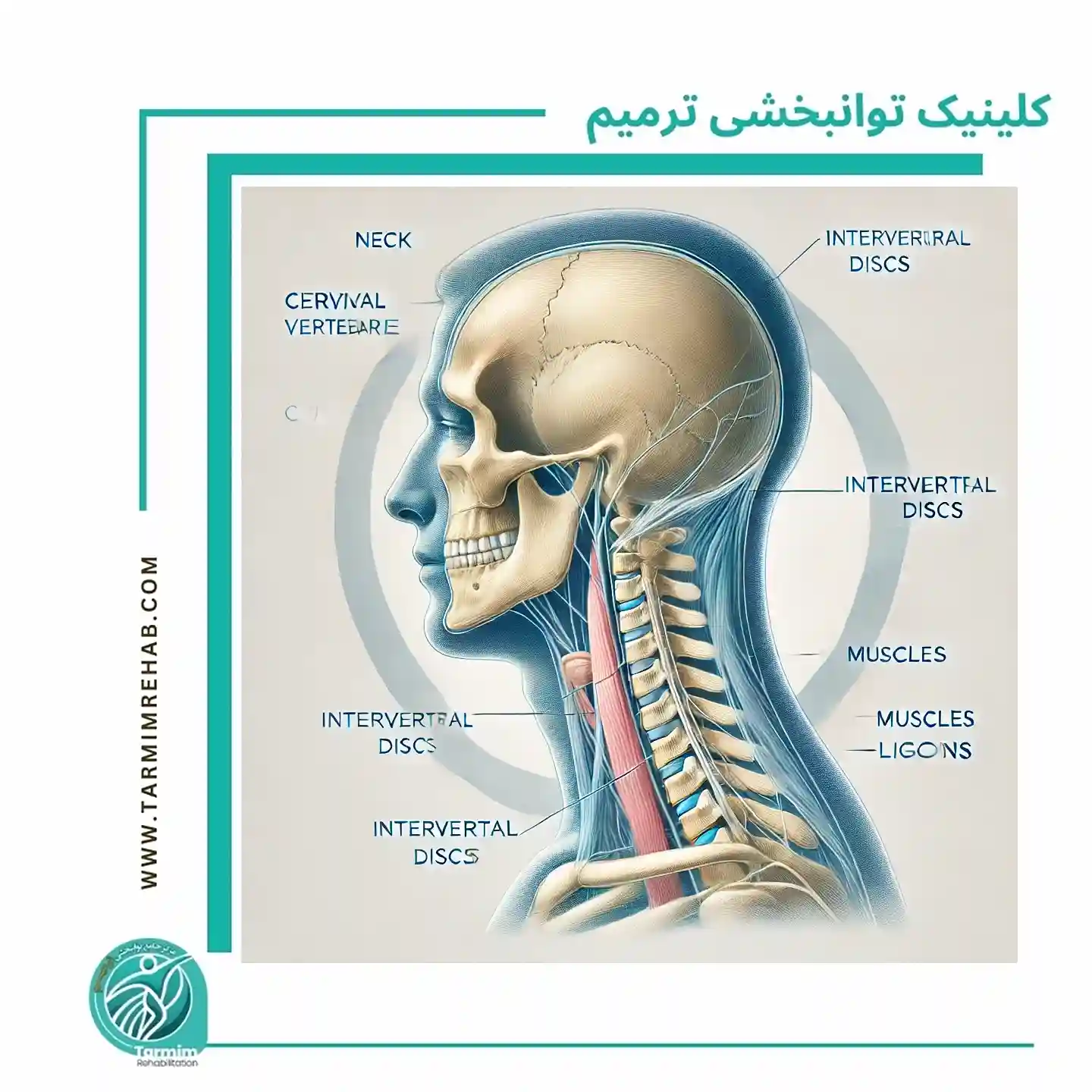 تصویر آناتومی گردن شامل مهره‌ها، دیسک‌ها، ماهیچه‌ها و رباط‌ها