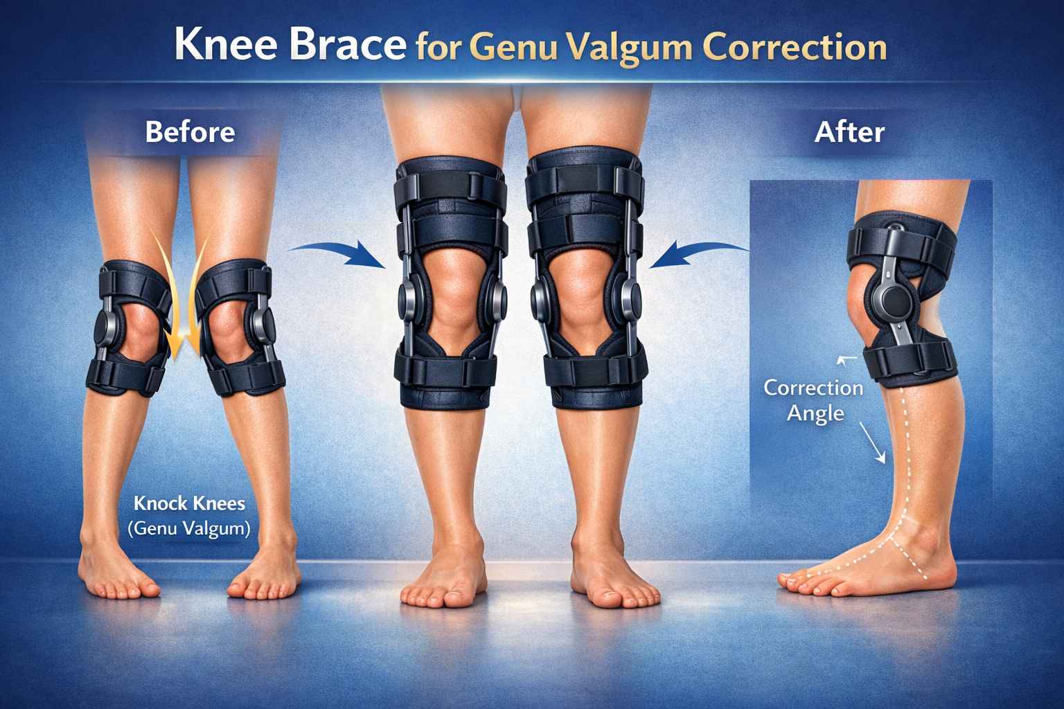 نمای پای یک کودک با پای ضربدری که بریس زانو بسته، زاویه اصلاح تدریجی زانو مشخص است