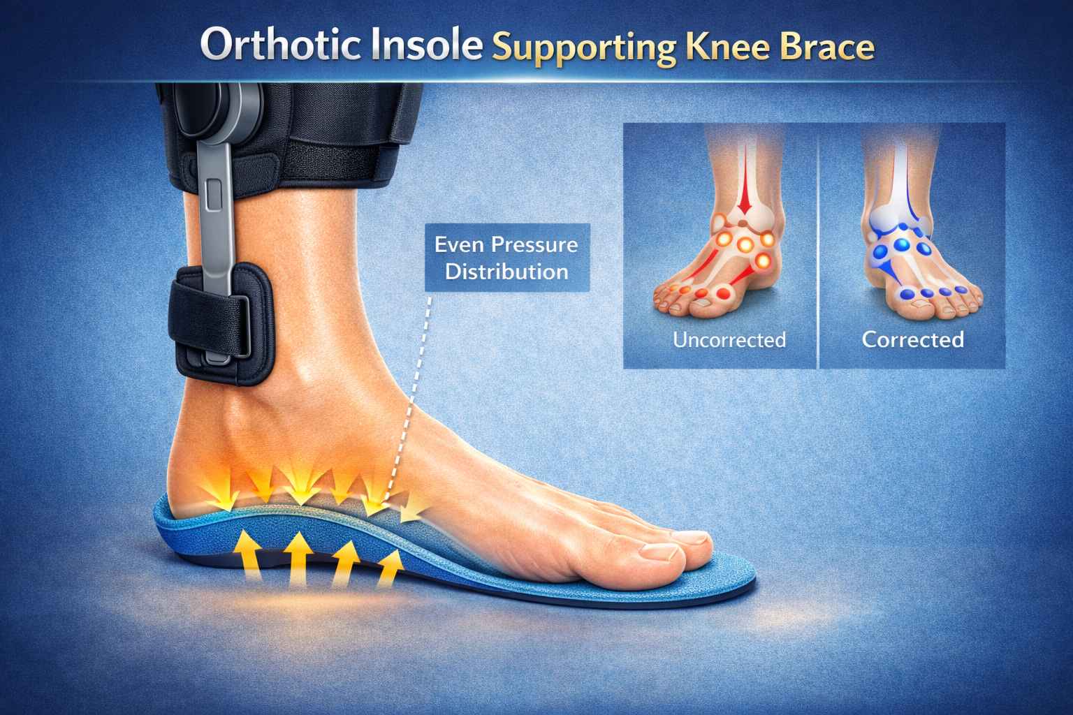 نمای نزدیک کف پا با کفی طبی اختصاصی زیر بریس زانو، نشان‌دهنده توزیع درست فشار و اصلاح الگوی راه‌رفتن