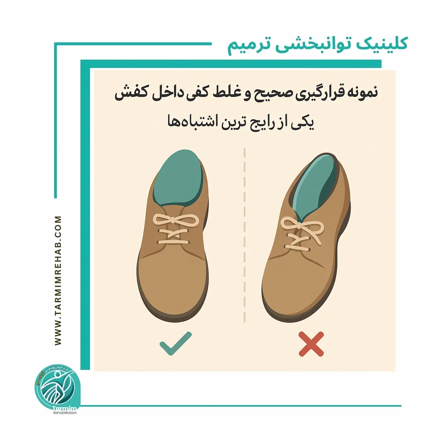 تصویر قرارگیری درست و نادرست کفی طبی داخل کفش و تفاوت فضای استاندارد کفش